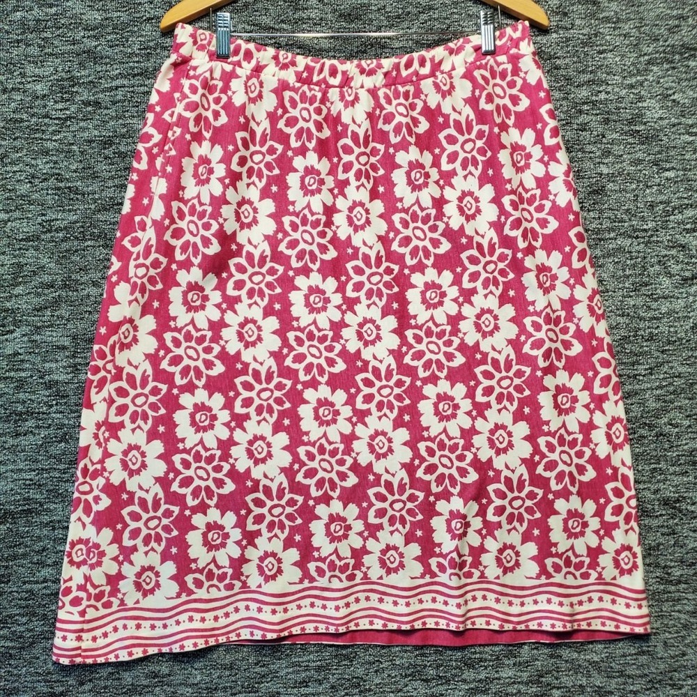 VTG Aileen 100% Cotton Midi Skirt‎ Womens Large Pink White Floral Elastic Waist